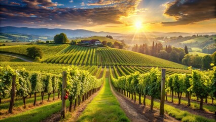 Naklejka premium A vineyard basks in the warm glow of a golden sunset, with rolling hills and a lone house in the distance, showcasing the beauty of rural landscapes.