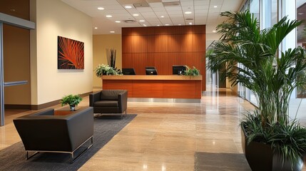 Modern Office Lobby with Reception Desk, Seating, and Plants