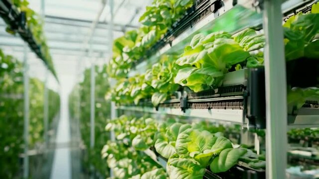 Closeup of lush green lettuce growing vertically in a modern hydroponic farm.
