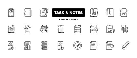 Note line icons. Checklist, document, notepad,paper, report, list,clipboard. vector icons.