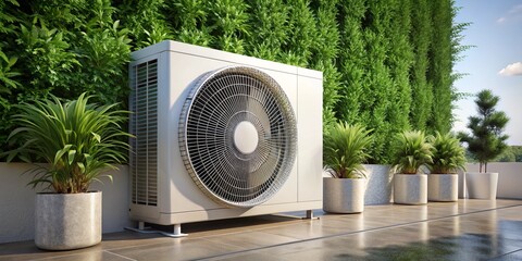 Outdoor Air Conditioner Unit Against a Green Wall, AC unit, outdoor