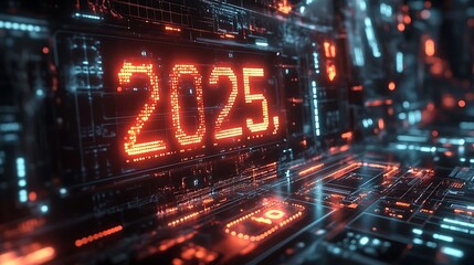 Obraz premium A high-tech digital countdown display showing “2023” transitioning into “2025,” glowing numbers in bold red and green, sparks and light rays emanating from the timer,