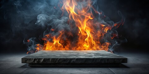 Stone Platform with Fire and Smoke Background, product display, mockup, , smoke, fire