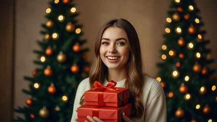 smily girl holding christmas gift box