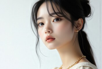 Young Woman with Long Black Hair and Gold Necklace  .