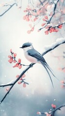 A bird is perched on a branch with pink flowers in the background
