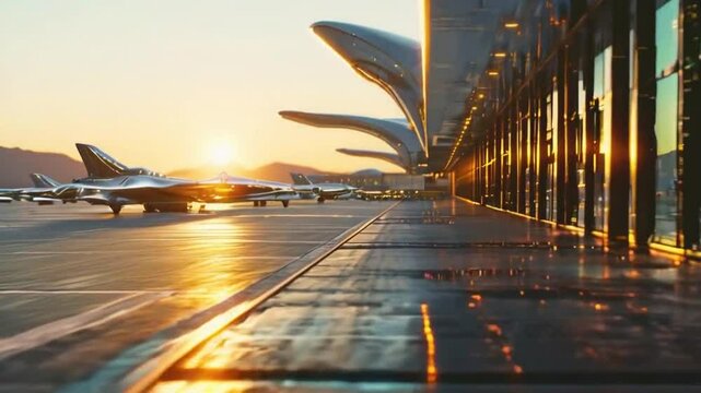 A row of military jets parked on a tarmac at sunset with a glass-walled building in the background.
