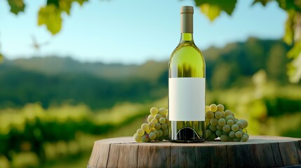 Fototapeta premium Wine Bottle and Grapes on Wooden Barrel in Vineyard