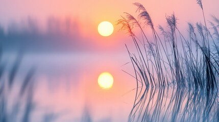 A serene lake with a sun reflecting on the water