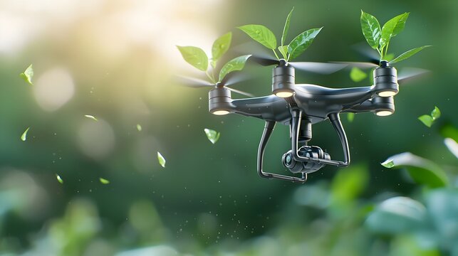 Drones autonomously planting forests and vegetation on desolate barren landscapes to drive eco repair environmental sustainable growth  Bright green hues detailed futuristic technology and nature