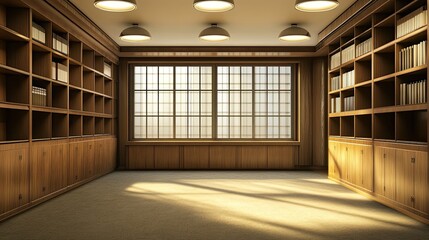 Fototapeta premium Empty Room With Wooden Bookcases and a Window