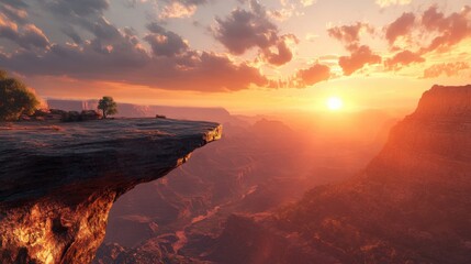 A beautiful sunset over a mountain range with a tree on a cliff