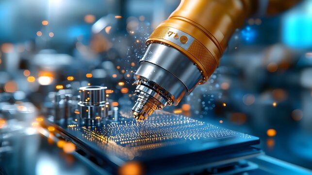 image of technology merging with quantum computers in a futuristic high tech laboratory  Floating streams of digital data surround the advanced machinery