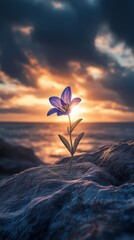 A small flower is growing on a rock near the ocean