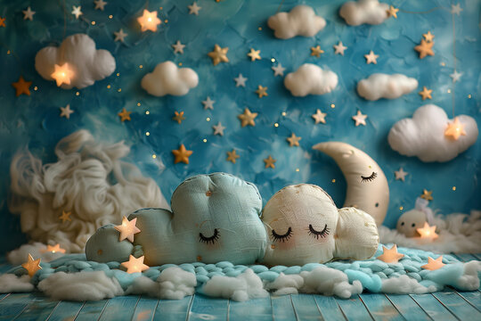Photo backdrop for children of blue night sky with small bright stars and a cute moon and fluffy clouds
