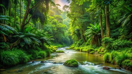 Fototapeta premium Scenic view of a small river through a vibrant jungle with focus on depth of field