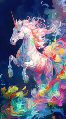 A colorful unicorn with a rainbow mane and tail is leaping into the air