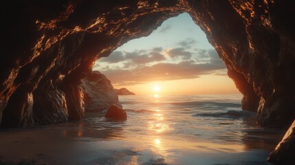 A cave with a large opening and a beautiful sunset in the background