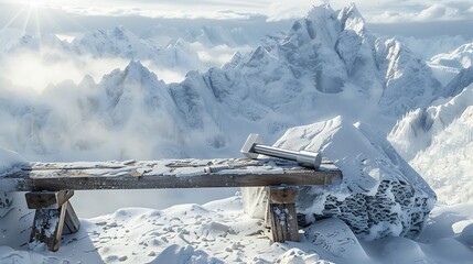 Obraz premium A chisel tool and tester on a bench on a snowy mountain