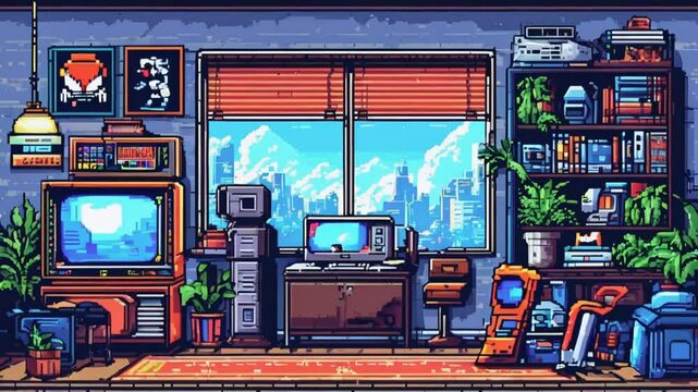 Pixelated retro living room with city skyline view, vintage electronics, and a plant filled bookcase.