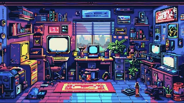 Retro-themed room with pixelated aesthetic.