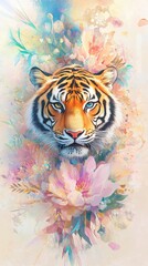 A tiger with a blue eye is surrounded by flowers