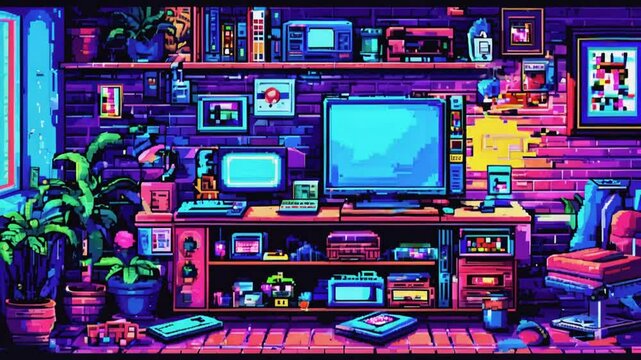 A retro-style pixelated room with a computer desk, a tv, plants, and a chair.