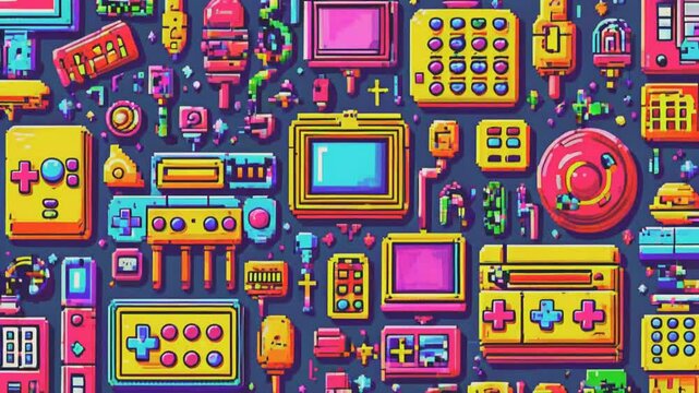 A colorful pixel art pattern of retro gaming consoles, controllers, and accessories.