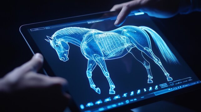 A digital tablet projecting a holographic scan of a horse muscular system