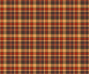 Plaid fabric pattern, brown, yellow, red, green, seamless for textiles, and for designing everyday clothes, skirts, pants or decorative fabrics. Vector illustration.
