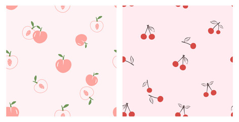 Seamless patterns with peach fruit and cute cherry on pink backgrounds vector. Cute fruit print.