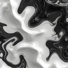 Unique swirling patterns in black and white create a striking abstract effect. The artwork showcases fluid dynamics that twist and flow, offering a captivating visual experience.