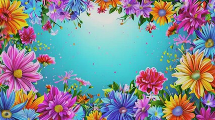 Colorful flowers border on a blue background with white dots and confetti.