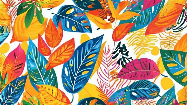 Colorful abstract seamless pattern with tropical leaves on white background.
