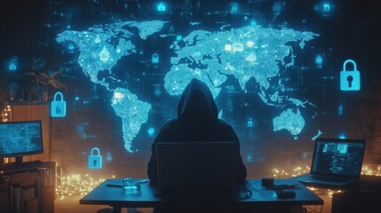 Mysterious Figure Before Glowing Computer Screen