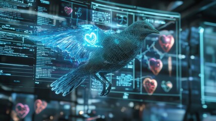 Holographic heart scan of a bird in mid-flight, surrounded by futuristic data panels