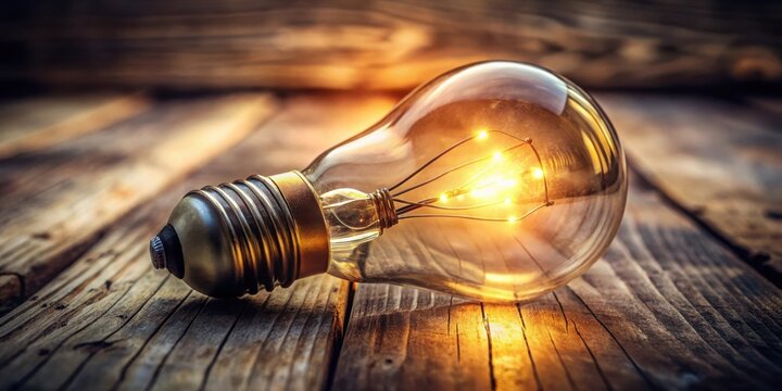 A vintage incandescent light bulb illuminates a wooden surface with its warm glow, representing a spark of inspiration and innovation.