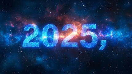 A stunning night sky with the constellation forming the numbers &ldquo;2025,&rdquo; vibrant stars glowing softly in a perfect pattern, surrounded by a soft blue and purple nebula,