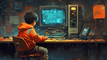Young Boy at Vintage Workbench with Computer