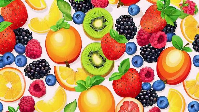 Seamless pattern of fresh fruits and berries. Includes strawberries, raspberries, oranges, kiwi, blueberries, and blackberries.