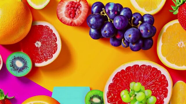 Colorful fruit slices and grapes on a bright background.