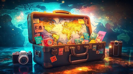 A travel-themed illustration of a suitcase with stickers from around the world, open to reveal maps, guides, and souvenirs, icons like cameras and tickets beside it,
