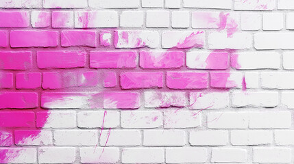 Pink spray paint on white brick wall, abstract art background