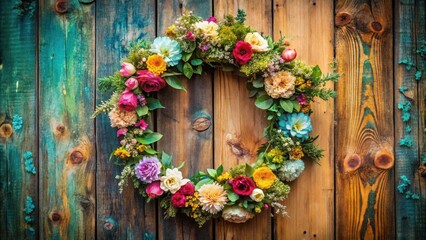 Fototapeta premium A vibrant floral wreath adorns a weathered wooden backdrop, showcasing a tapestry of colorful blooms and delicate greenery.