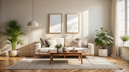 Fototapeta premium Sunlight Streams Through the Window in a Modern Living Room with a White Sofa and Two Empty Picture Frames