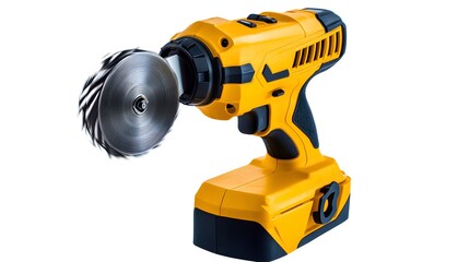 Fototapeta premium yellow cordless battery pack powered angle grinder electric hand diy construction tool machine isolated white background. 