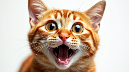 A surprised and angry cat is isolated on a gray background with an excited facial expression.