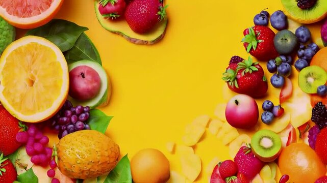 A vibrant mix of fresh fruits and berries arranged in a colorful border around a bright yellow background, creating a natural and healthy frame for your text or design.