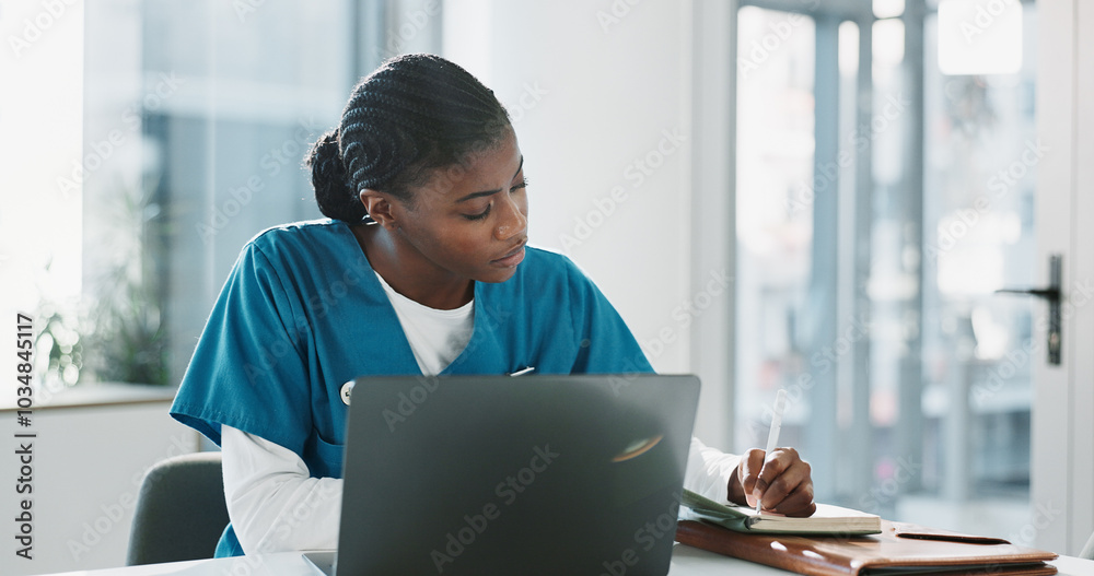 Poster Hospital, doctor and black woman with laptop, writing and thinking with research, online reading and results. African person, medical or professional with computer, nurse and digital app with network