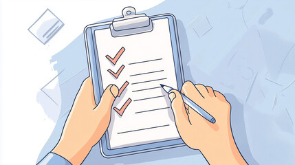 Minimalist illustration of hands holding a clipboard with a checklist, featuring three completed checkmarks. Simple, clean design. Concept of productivity, organization, planning, and task completion.